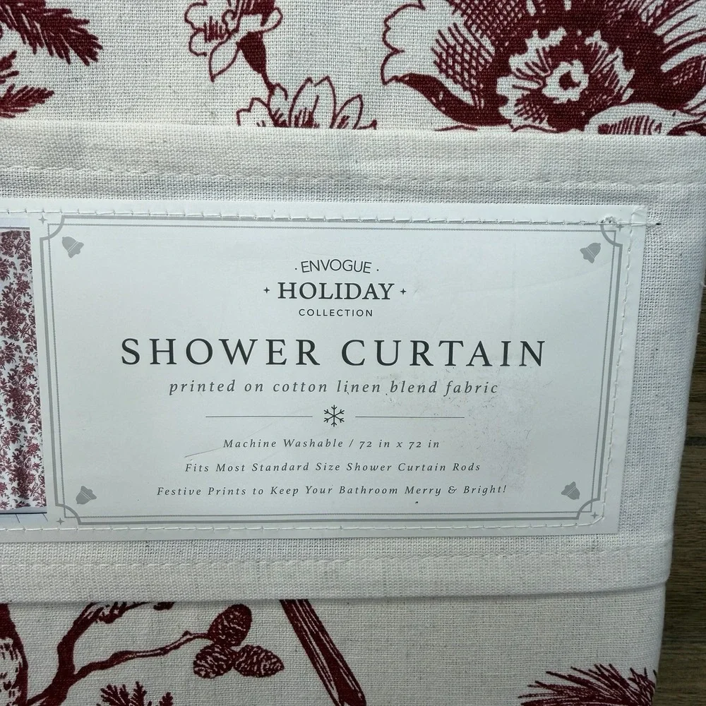 Envogue Holiday Collection Shower Curtain Cream Burgundy Winter Cardinal Toile